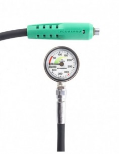 Full metal 50mm compact gauge includes a 80cm black hose with a green hose protector on the first stage end.